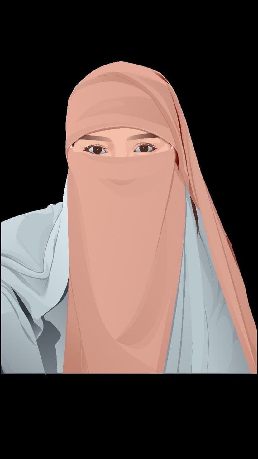Woman with expressive brown eyes wears a pink niqab and light blue abaya against a solid black background.