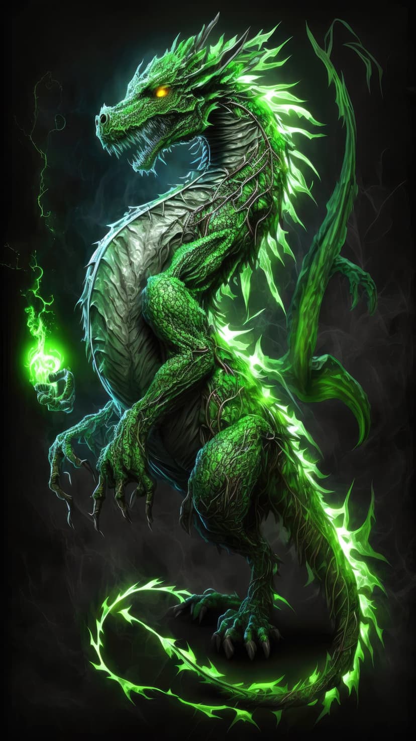 Emerald dragon with glowing yellow eyes holding a sphere of green lightning against a dark smoky background.