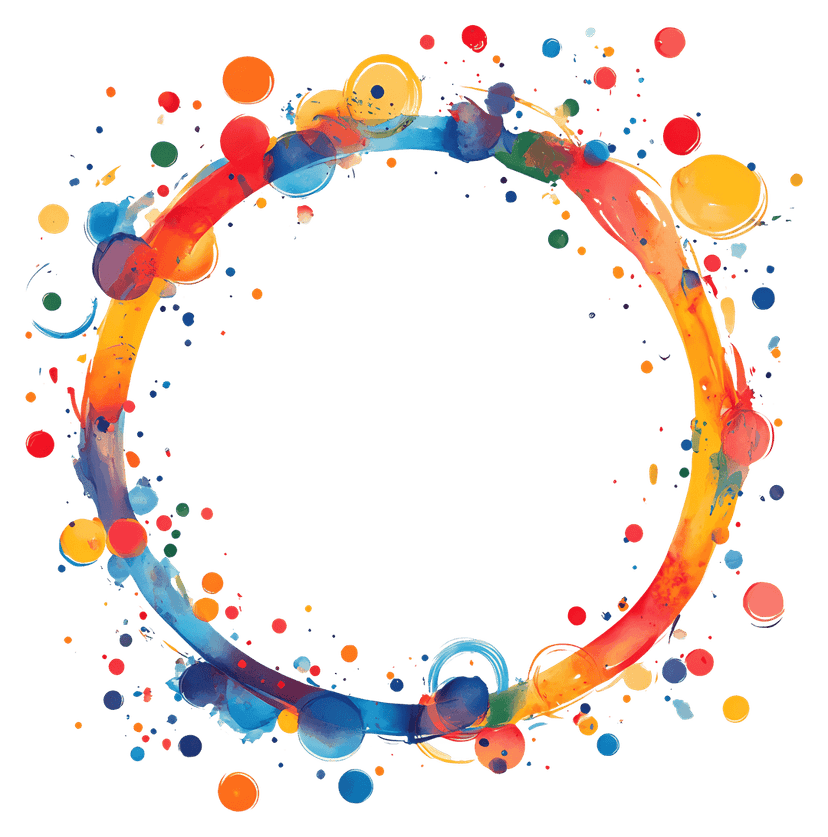 Circular paint splash features radial splatters of red blue yellow and green across a transparent background.
