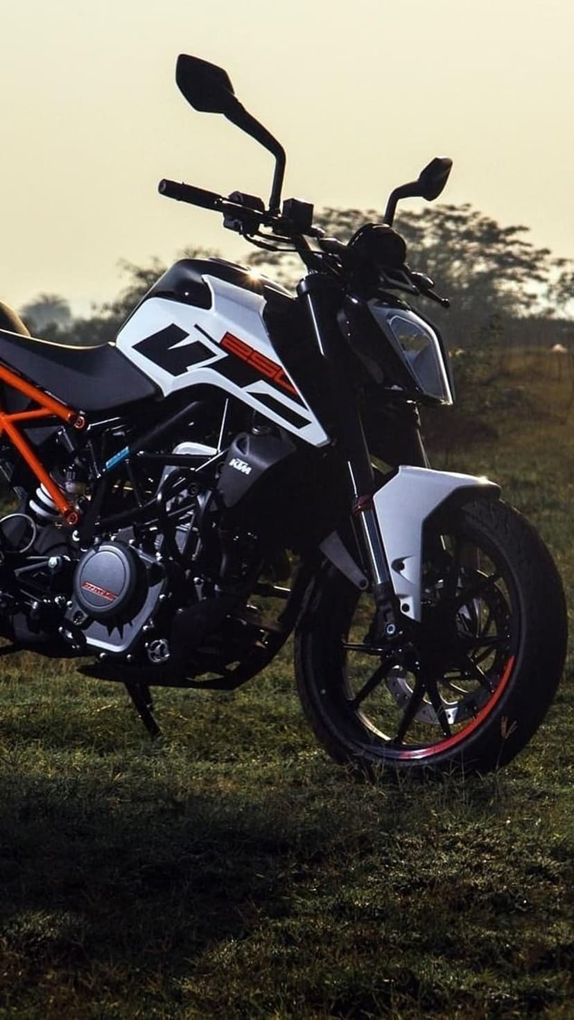 White KTM Duke bike with an orange frame parked on a green meadow with a soft-focus forest in the background.