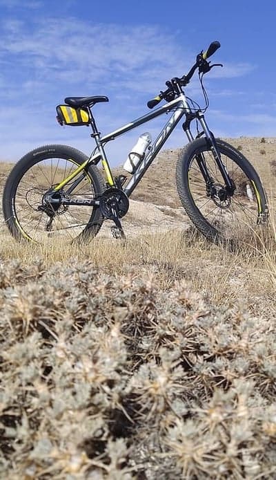 Mountain bike resting on dry grass under blue sky