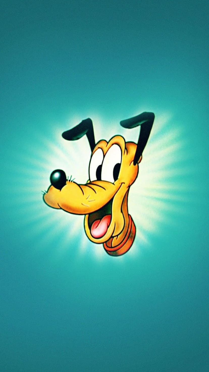 Pluto the dog smiles with a lolling tongue and wide eyes against a bright teal background with bold outlines.