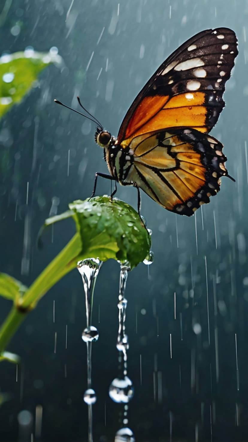 Monarch butterfly sits on a green leaf covered in glistening water droplets during a soft, atmospheric rainfall.