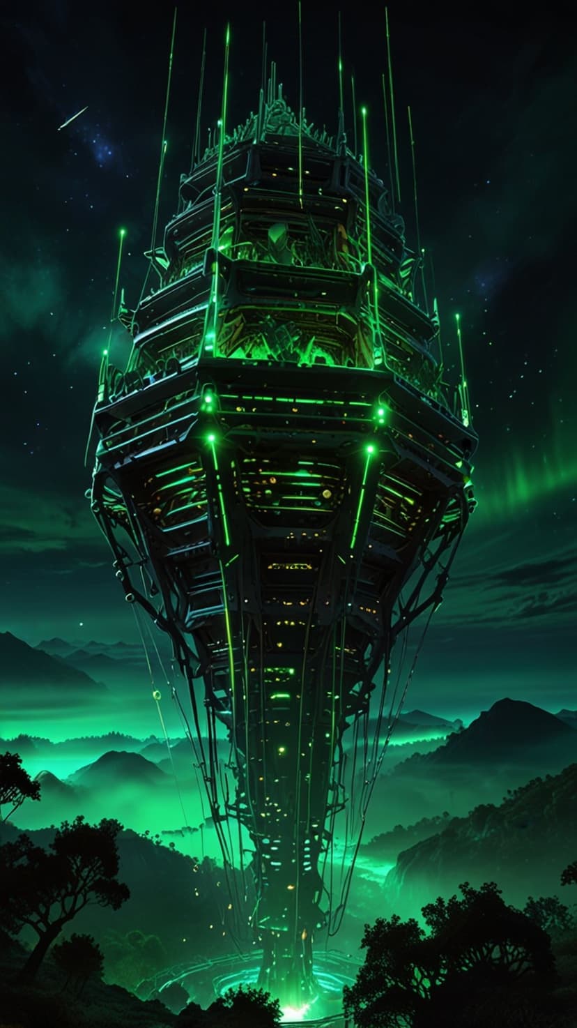 Glowing green alien tower with cables and lights standing in a misty mountain valley under an aurora borealis sky.