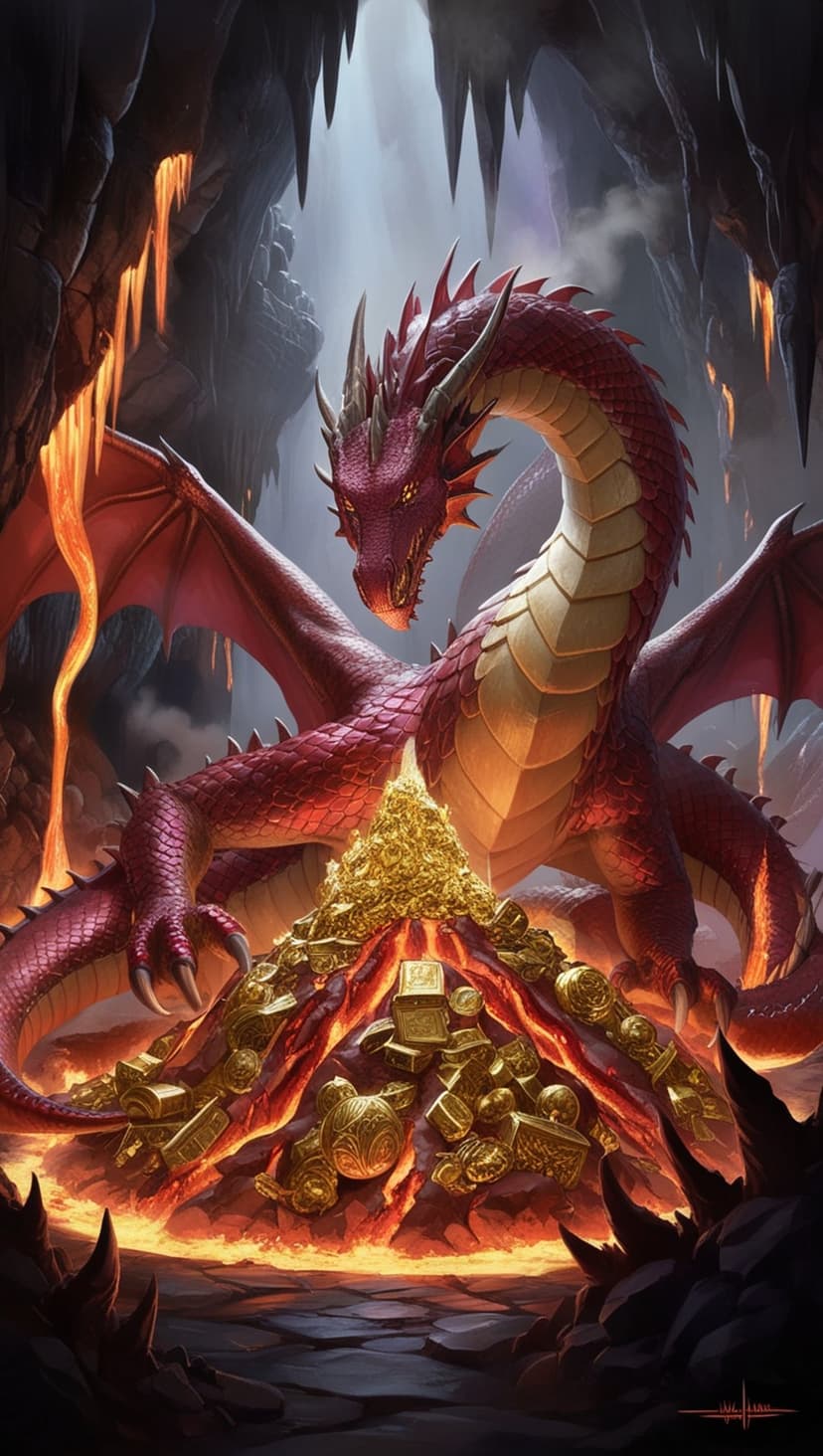 Red dragon with glowing eyes rests on a pile of gold coins inside a dark volcanic cave filled with molten lava.