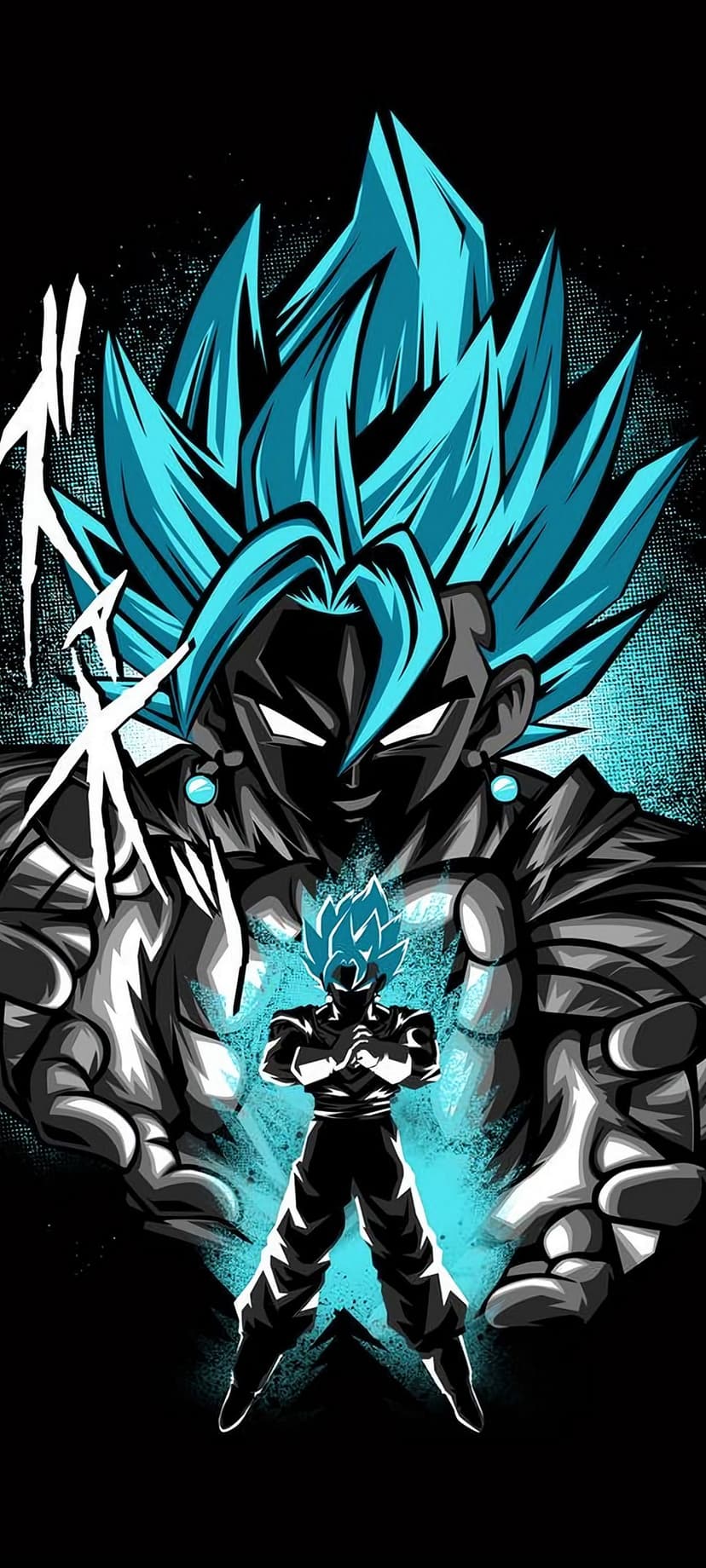 Goku with glowing blue hair and a radiant azure aura stands before a large looming shadow in a vertical pose.