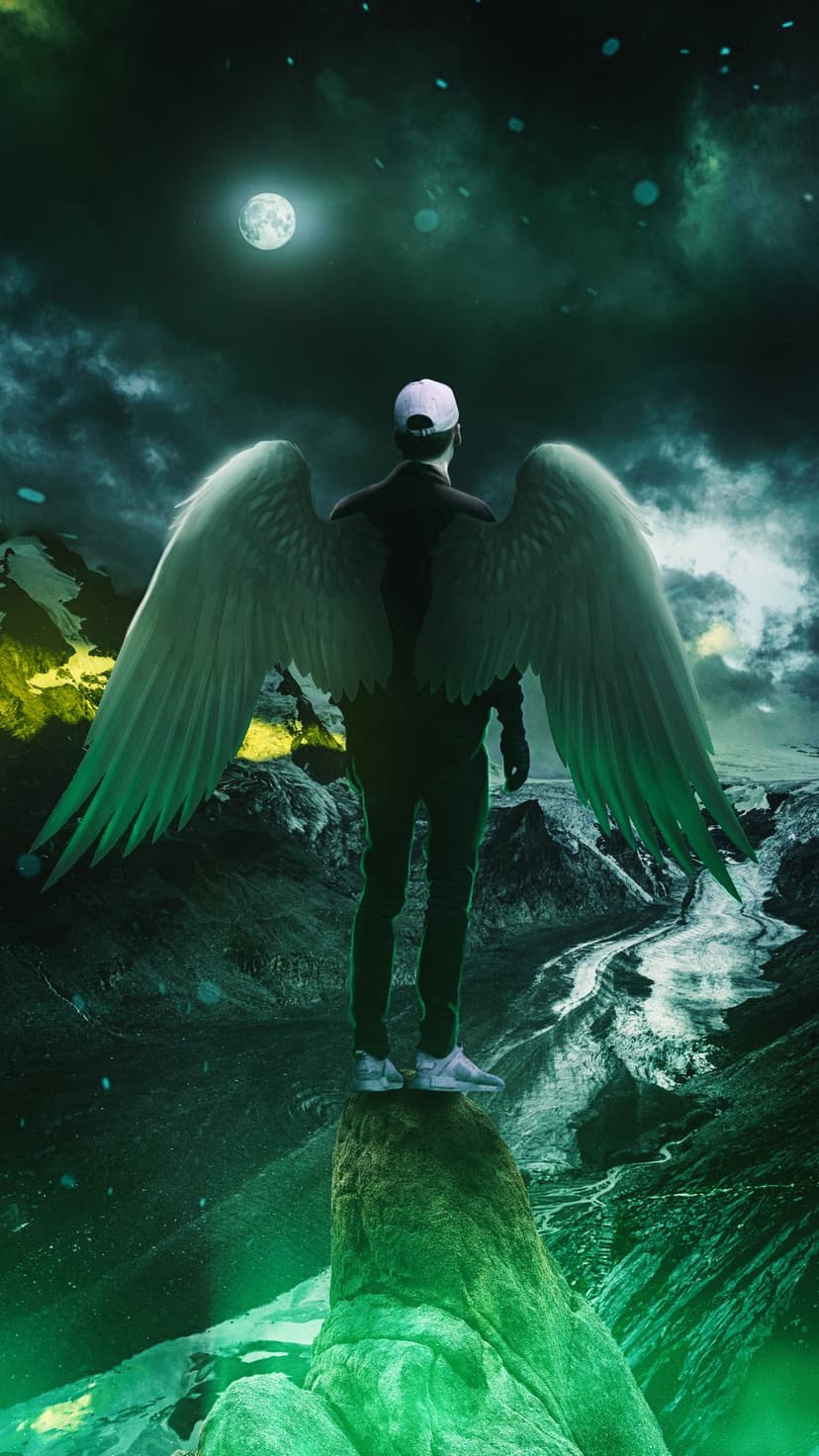 Angel with massive white wings stands on a rocky peak overlooking a moonlit valley with glowing green mist.