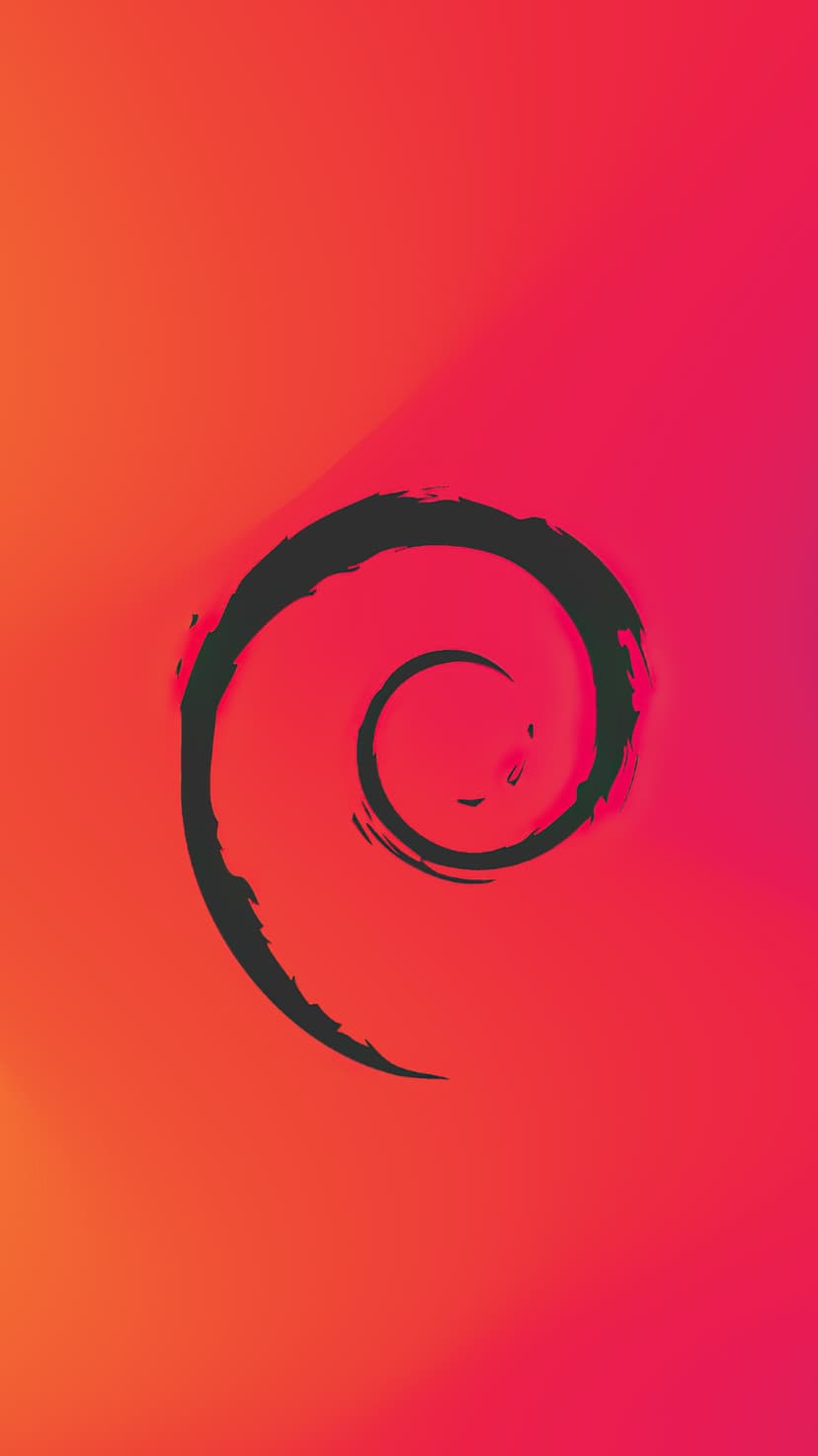 White Debian swirl logo centered on a dark grey textured background with abstract flowing wavy lines.