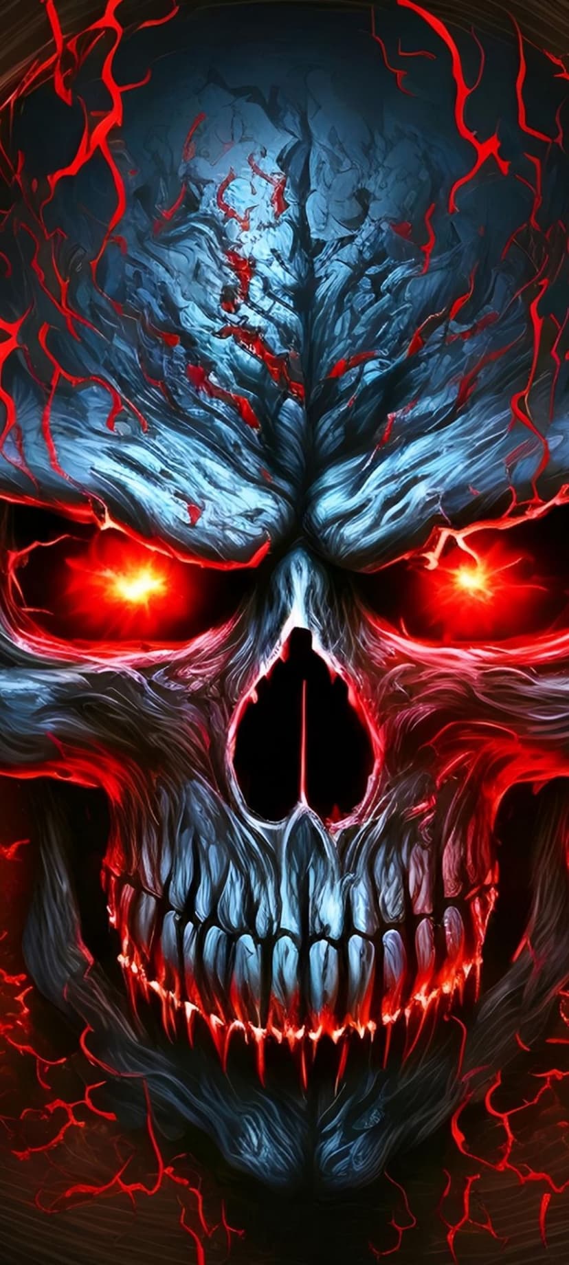 Human skull featuring radiant red eyes, glowing lava-like fissures, and sharp teeth over a dark backdrop.