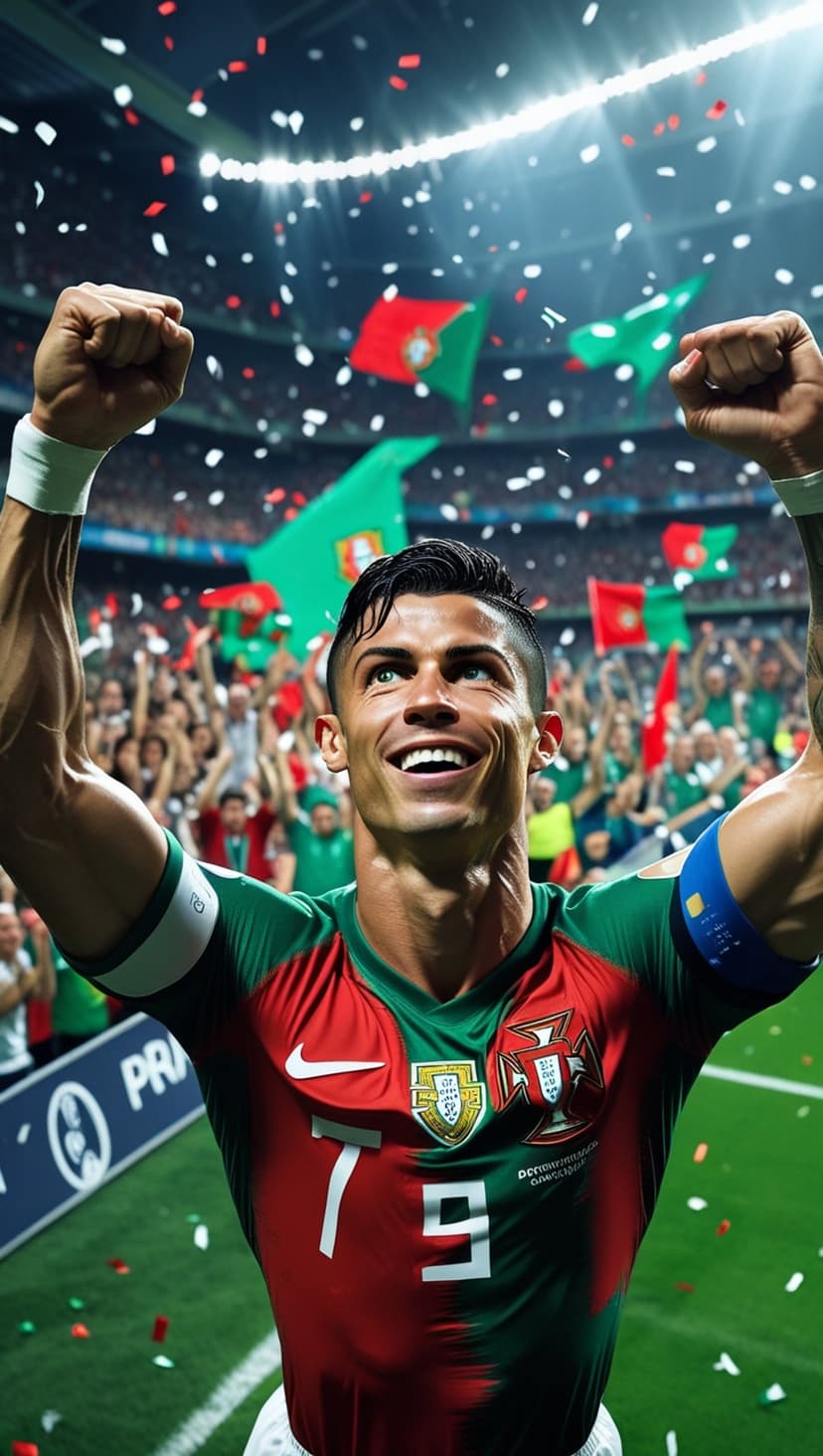 Cristiano Ronaldo raises his arms in a red Portugal jersey while confetti falls in a crowded soccer stadium.