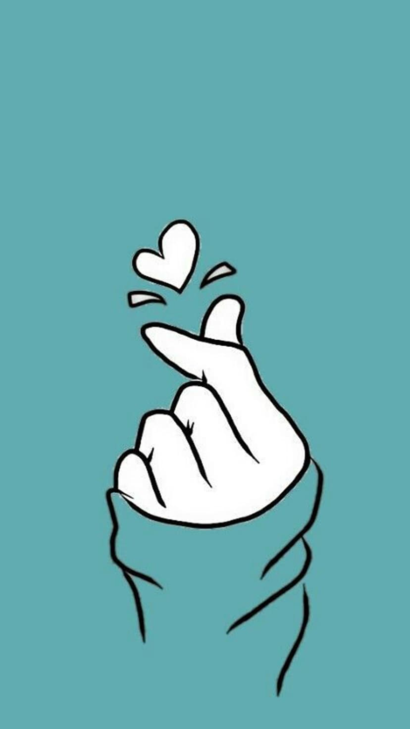Hand forming a finger heart with a small floating icon above on a smooth, solid teal background for phones.