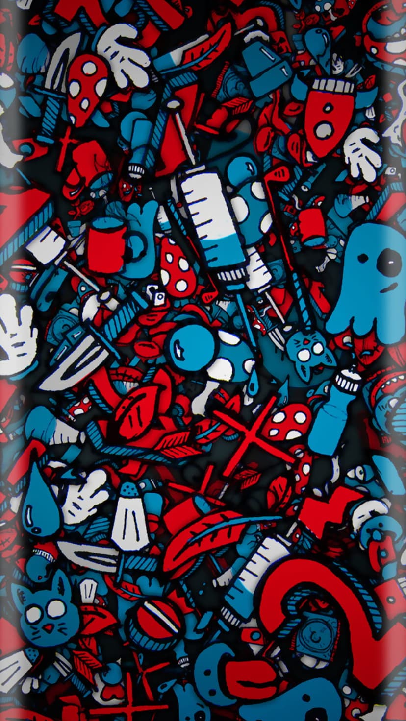 Red and blue cats, mushrooms, and ghosts intermingle in a dense, chaotic doodle pattern on a white background.