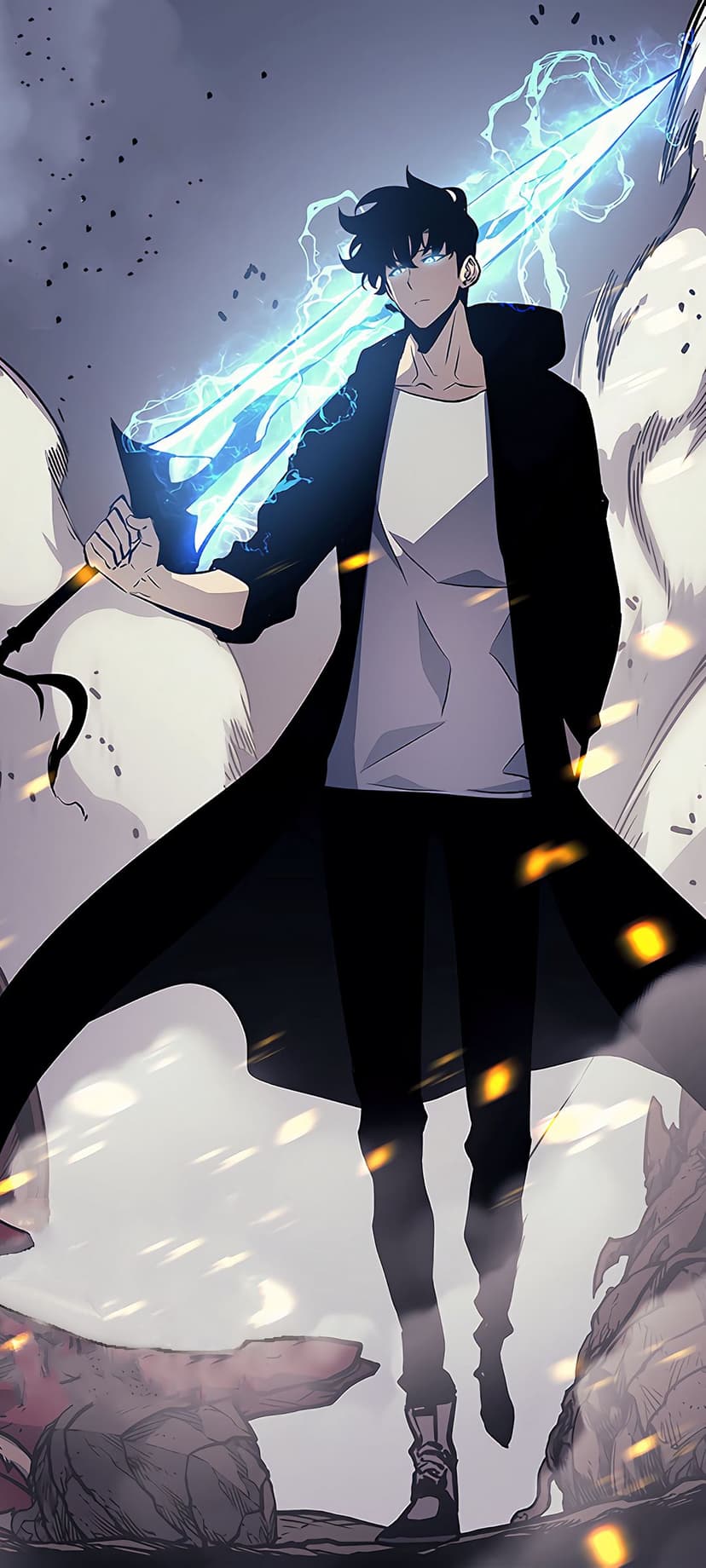 Sung Jinwoo stands in a black coat holding a glowing blue sword amid rocky ruins and floating golden embers.