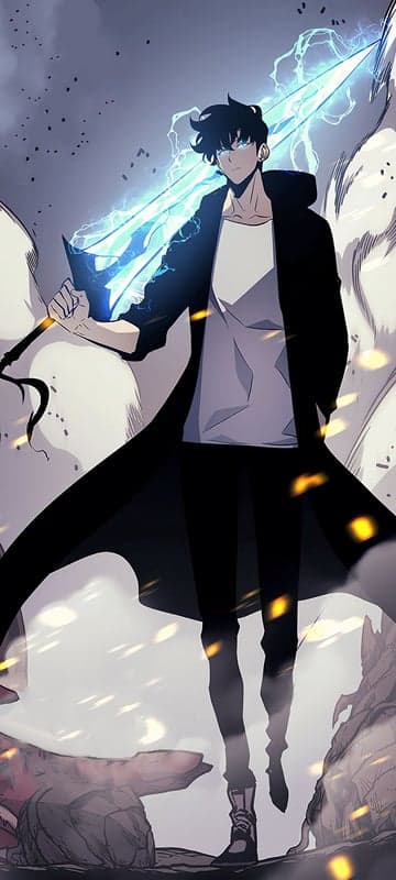 Sung Jinwoo with a glowing blue sword and black coat