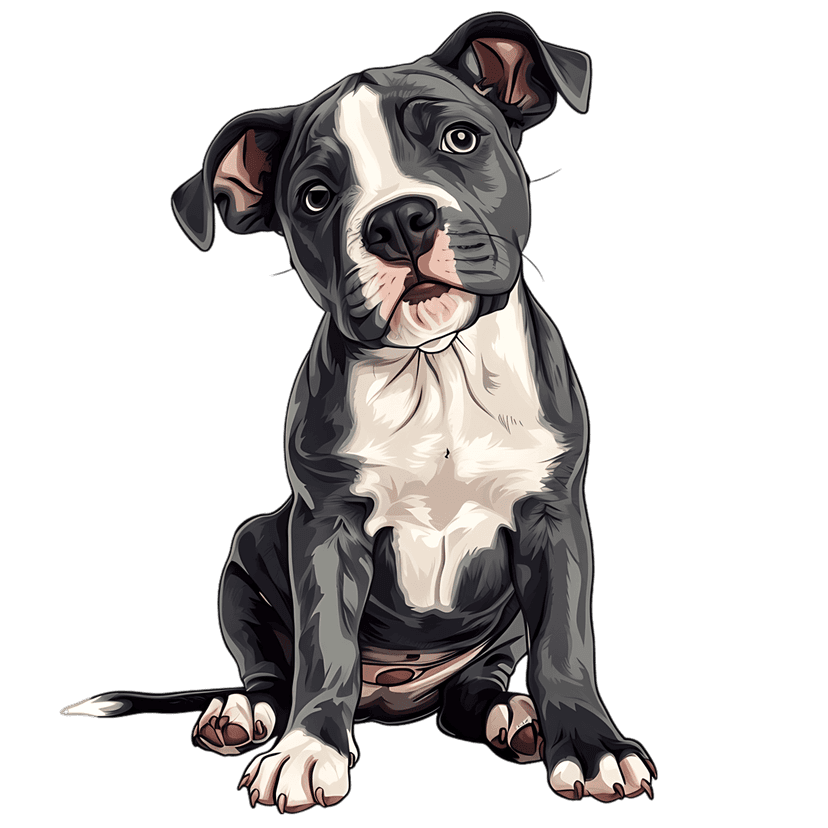American Pit Bull Terrier puppy illustration sitting with grey and white fur, floppy ears, and dark paw nails.