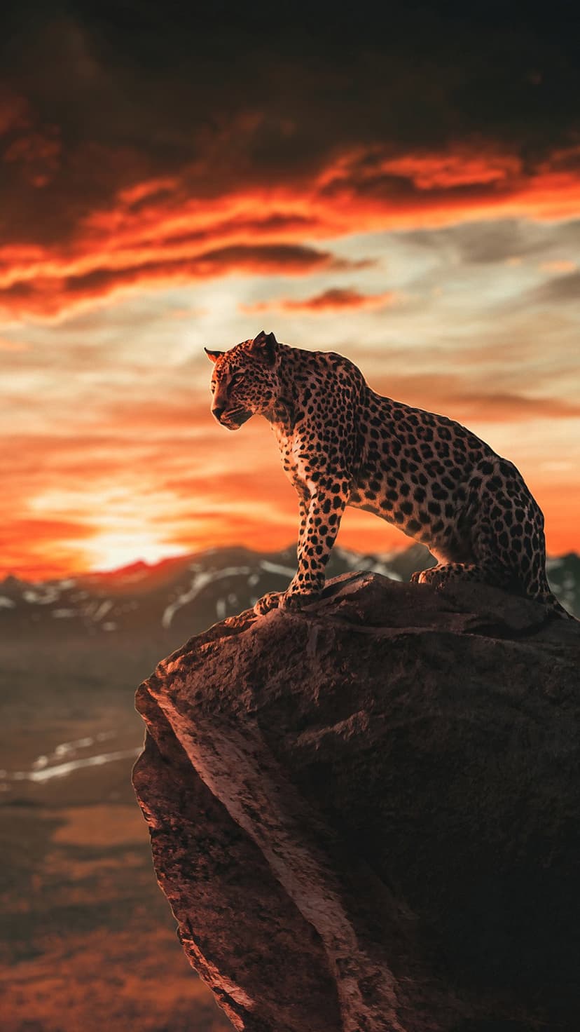 Leopard perched on a jagged rock formation under a glowing orange sky with distant mountains and water.