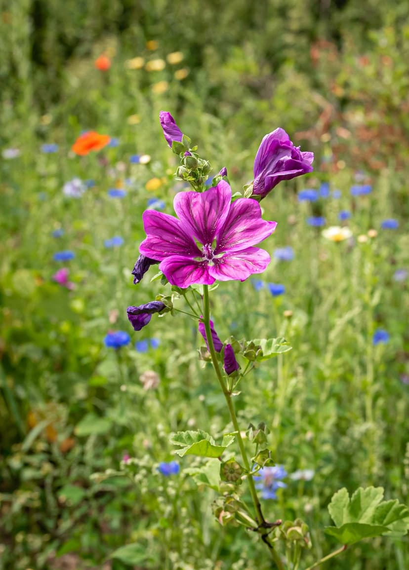 Purple mallow flower with detailed petals stands against a blurry background of tiny yellow and orange wildflowers.