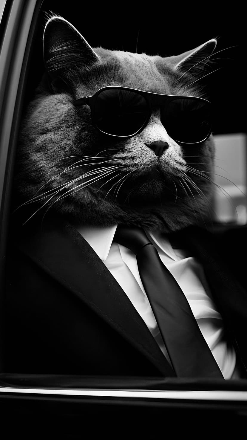 Fluffy gray cat wearing dark sunglasses and a black suit sits behind a steering wheel in a monochrome portrait.