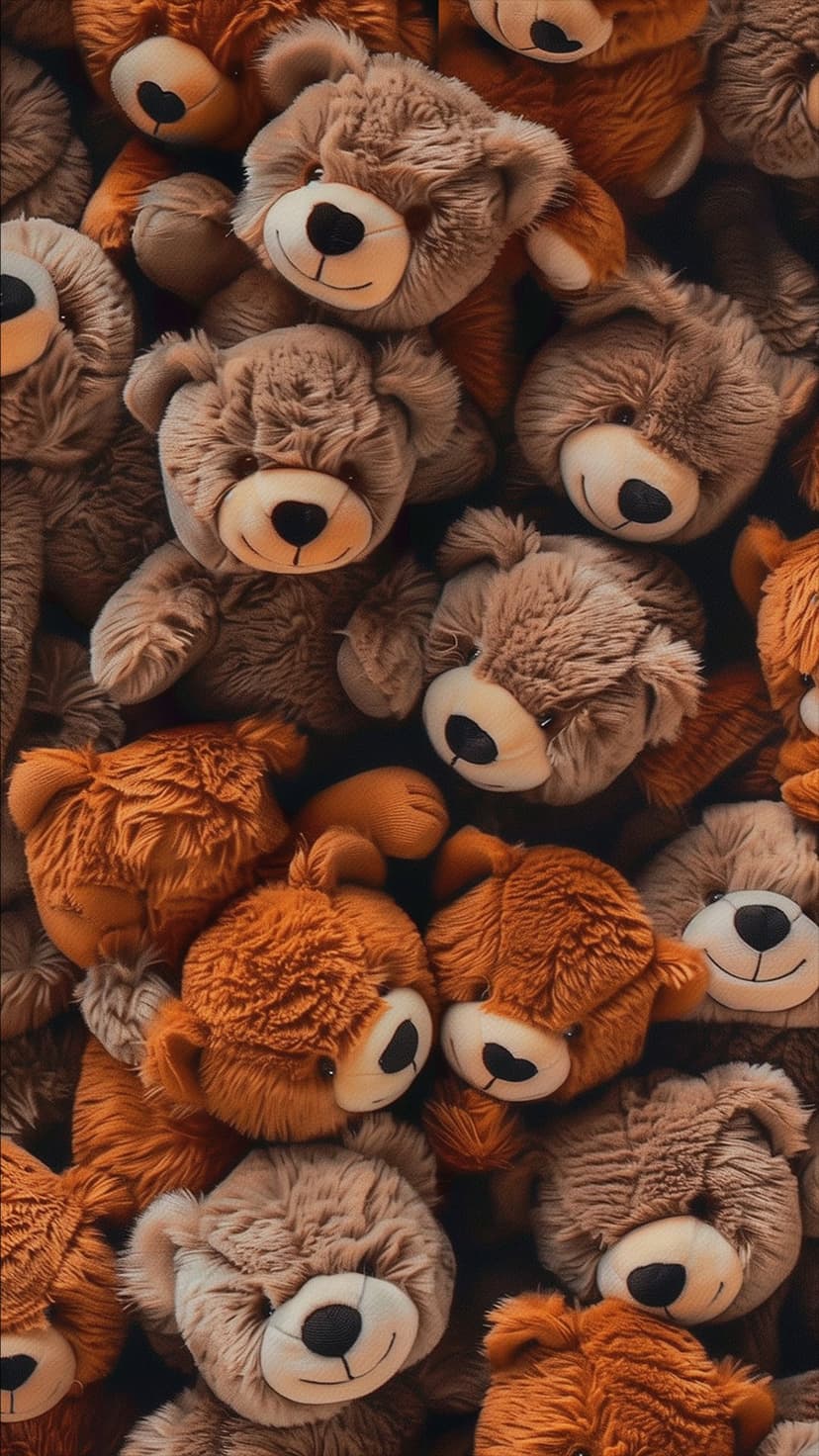 Plush teddy bears in varying shades of brown and tan are piled together, showing soft textures and stitched noses.