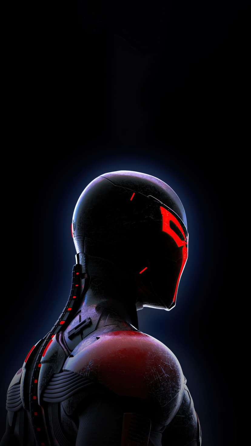 Robotic head in side profile features glowing red light strips on a sleek black helmet against a dark background.