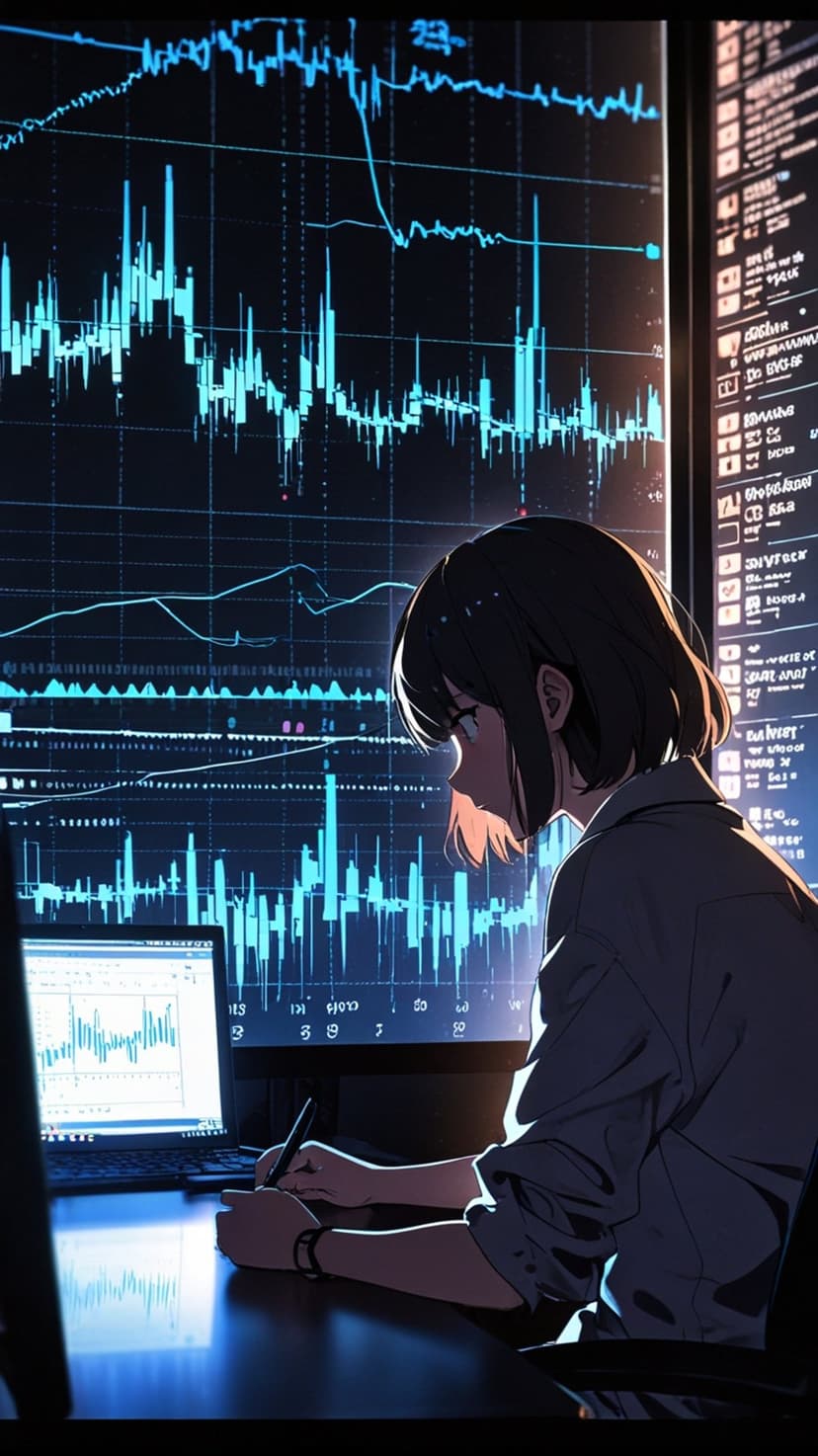 Young anime woman intensely studying blue glowing stock market charts and candlestick data on multiple screens.