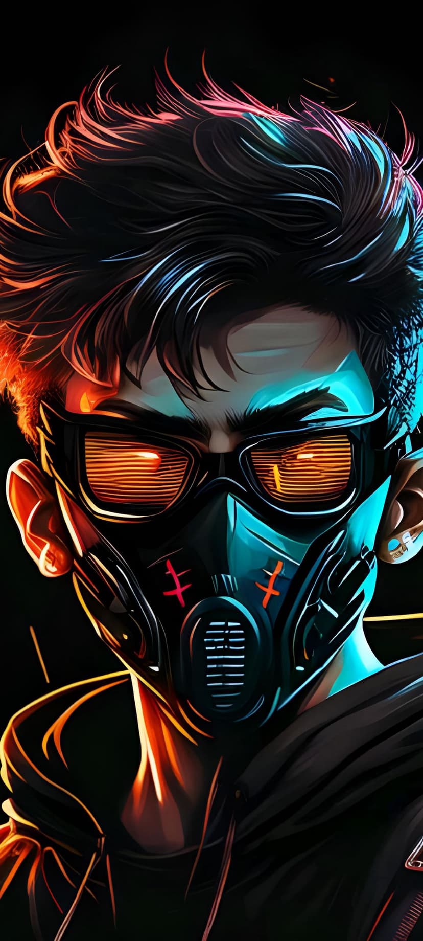 Masked cyberpunk character wearing glowing orange goggles with neon blue highlights on a dark background.
