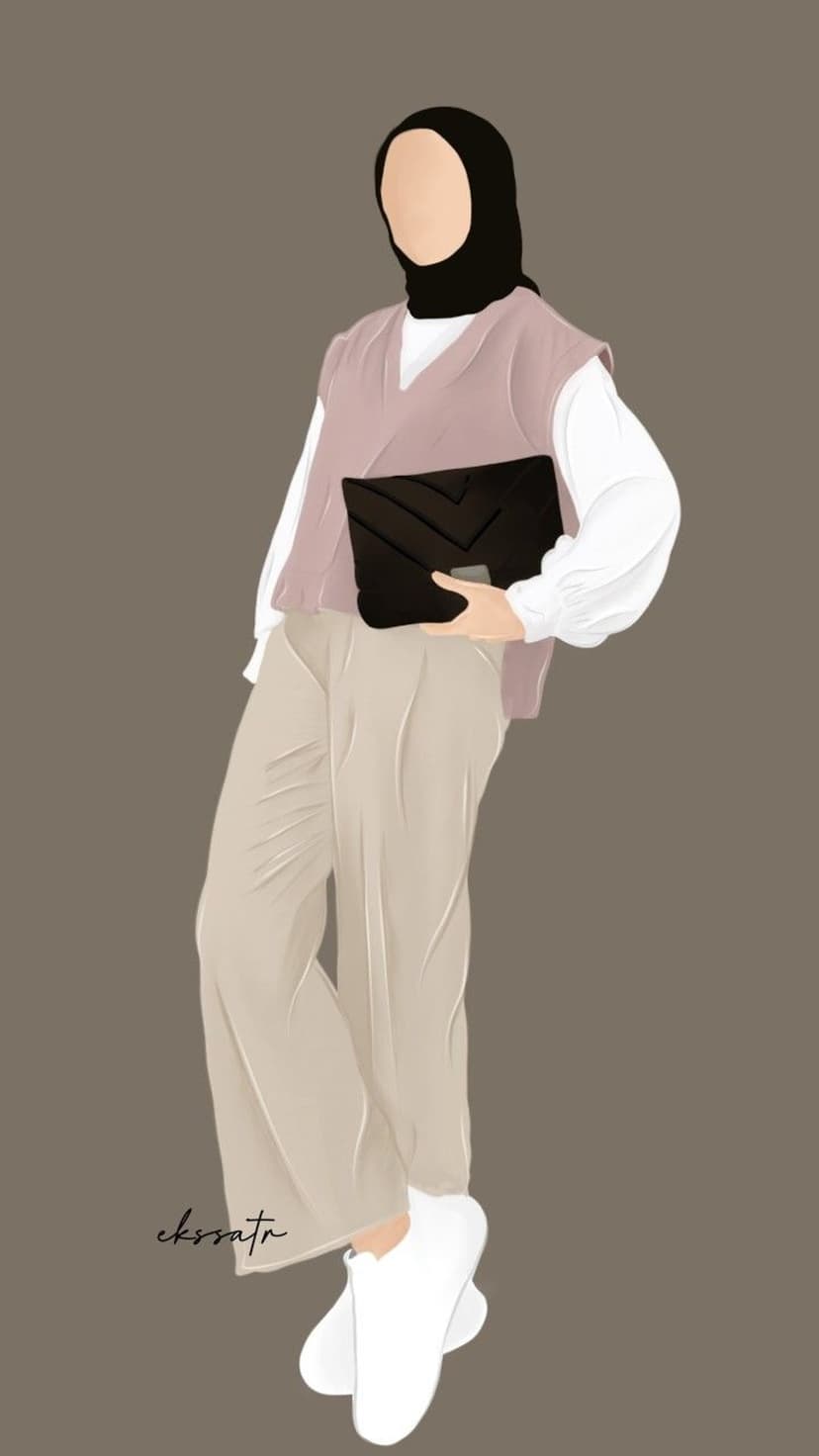 Woman in a black hijab, pink vest, and beige pants holds a geometric clutch while wearing white sneakers.