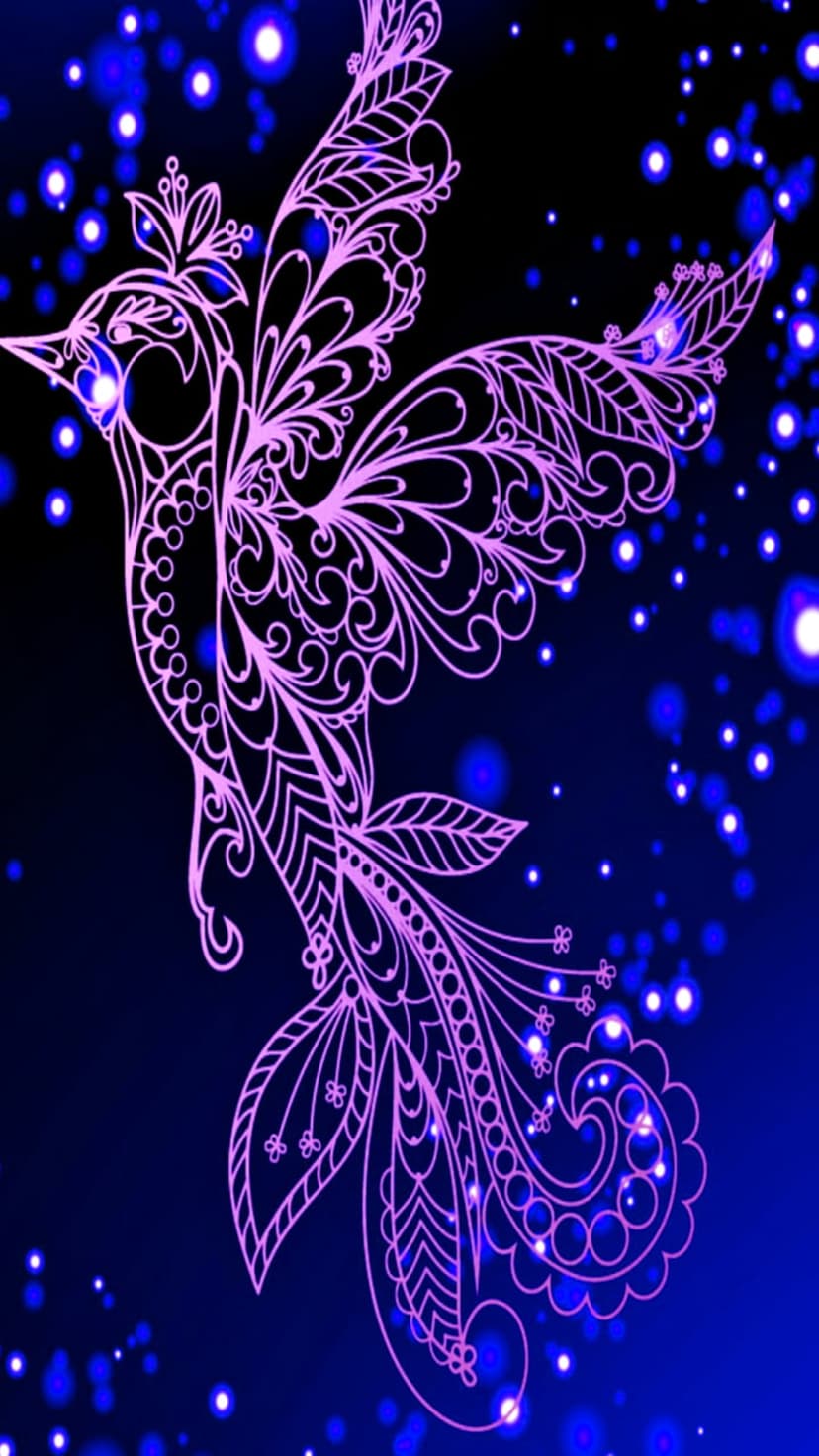 Pink neon bird with filigree wings soaring through a dark blue sky filled with glowing white stars and particles.