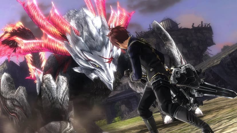 Character in black uniform confronts a silver-scaled monster with glowing pink fins in ruined city ruins.