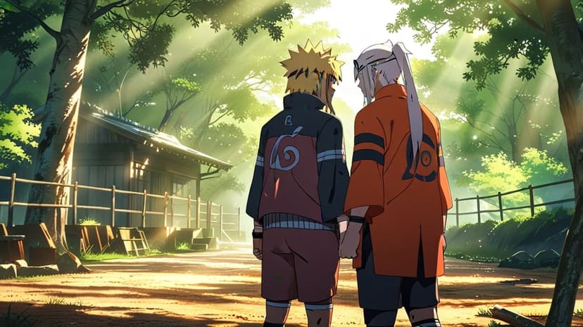 Naruto Uzumaki and Sasuke Uchiha stand in a lush forest with sunbeams filtering through a dense green tree canopy.