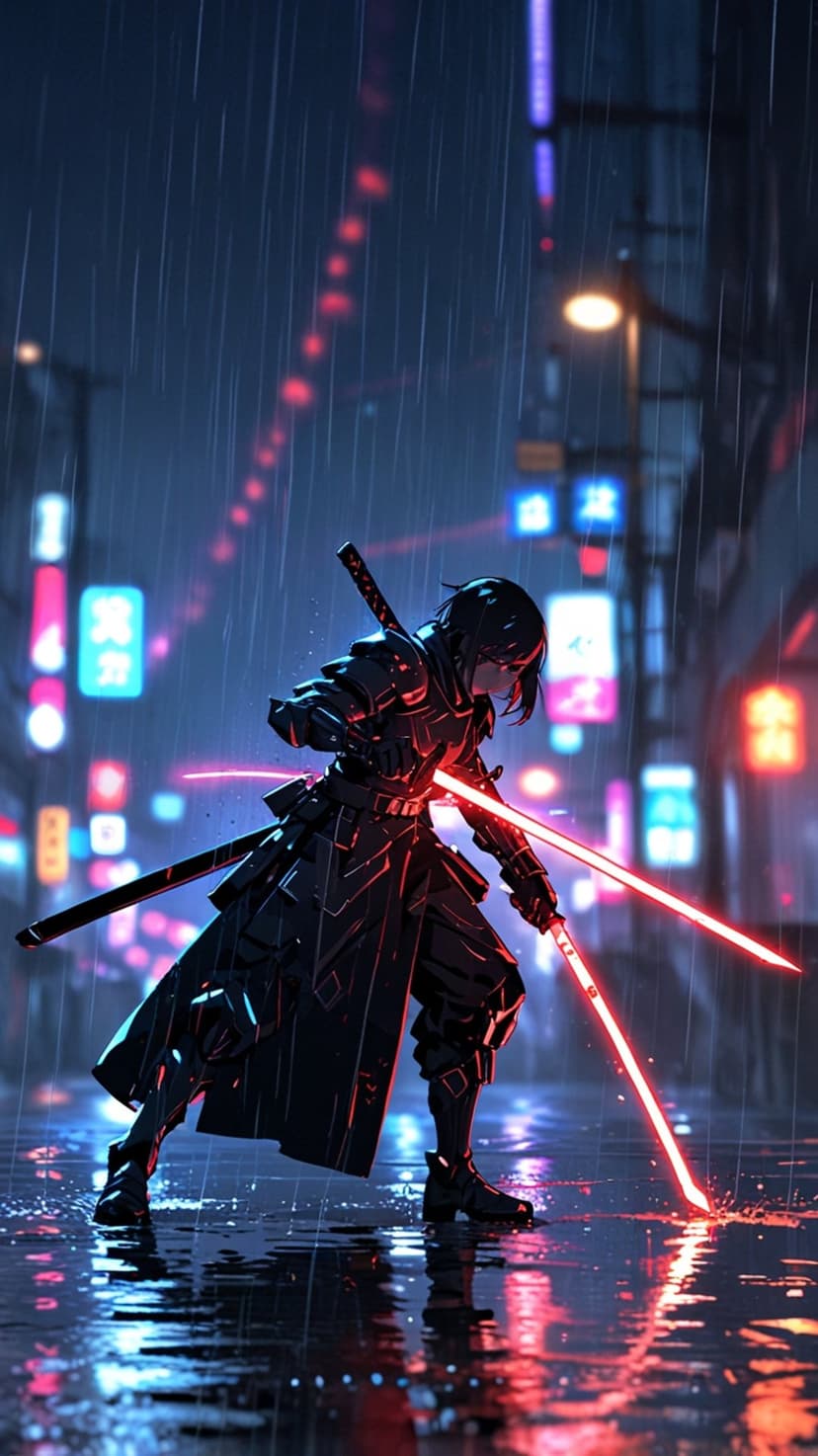 Cyberpunk samurai with glowing red katanas stands on a rainy city street illuminated by vibrant neon signs.