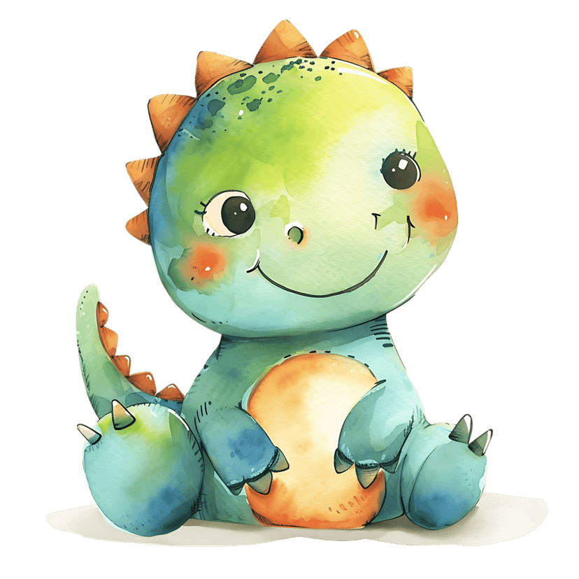 Watercolor baby dinosaur illustration sitting against a dark background featuring green skin and orange spikes.