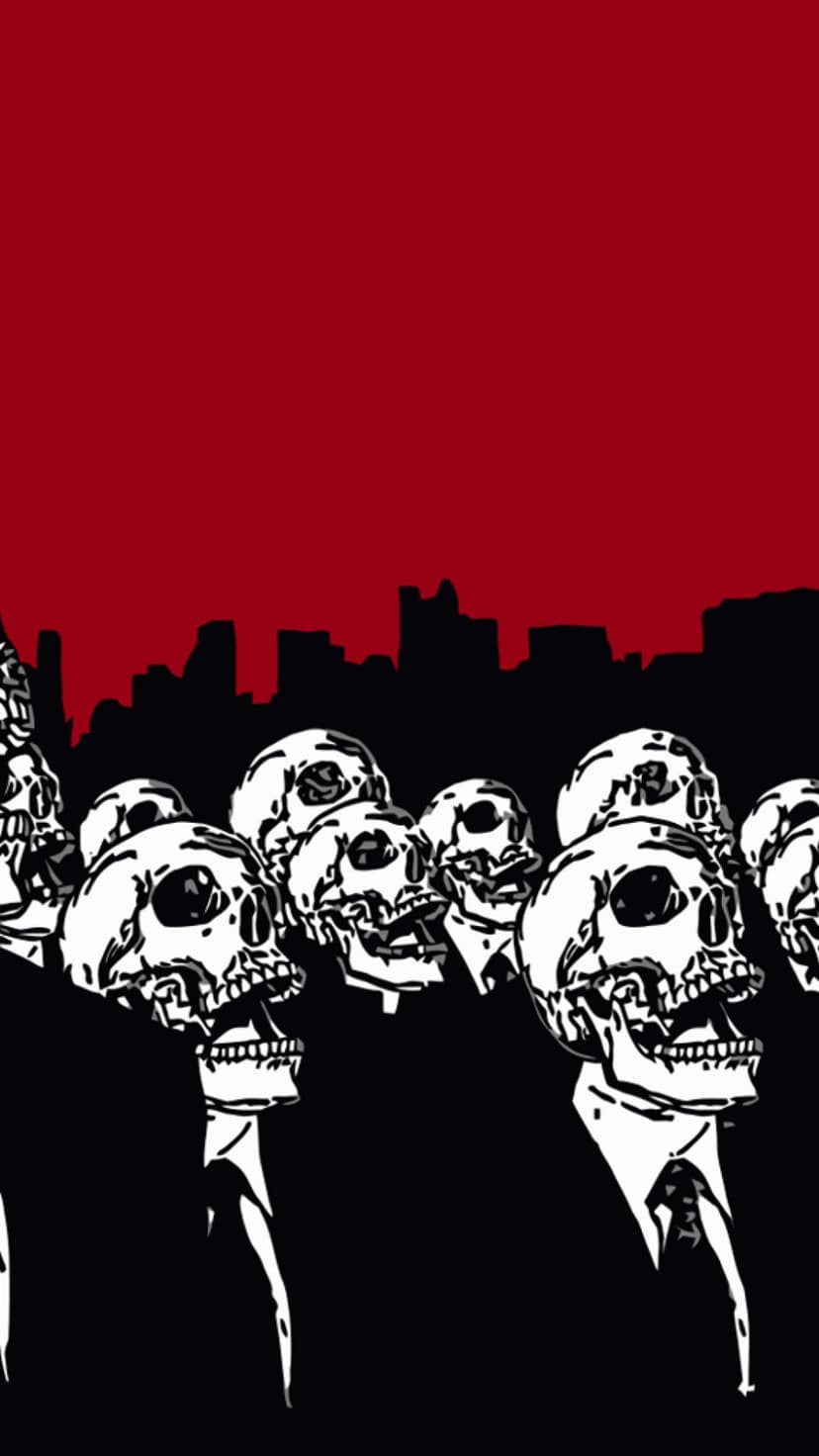Skulls wearing black suits and ties stand in a dense crowd against a red sky and black city skyline silhouette.