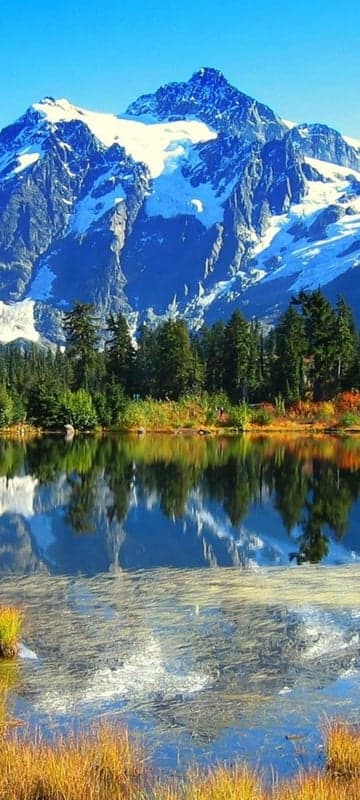 Snow-capped mountain reflected in a tranquil alpine lake