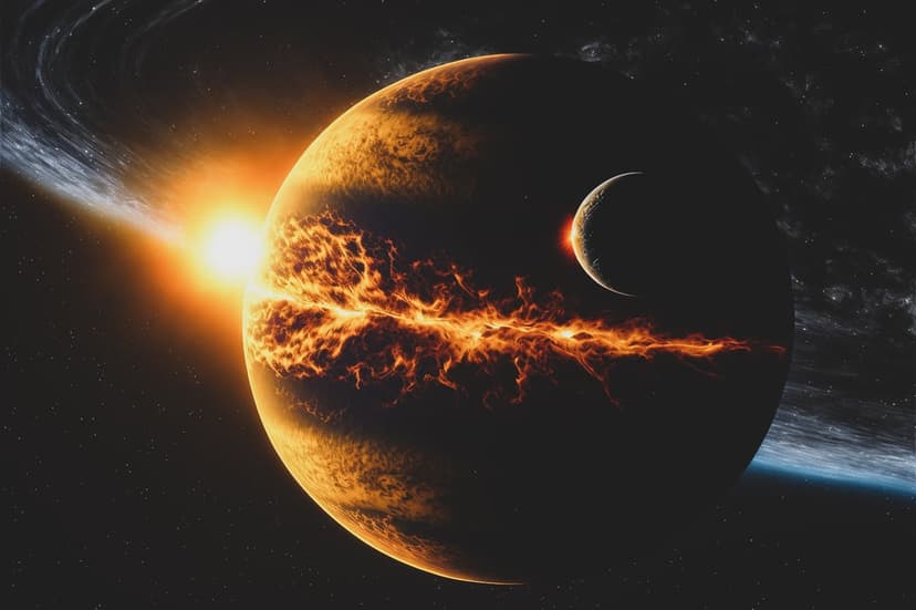 Volcanic alien planet with a glowing molten core near a slender crescent moon and faint planetary ring systems.