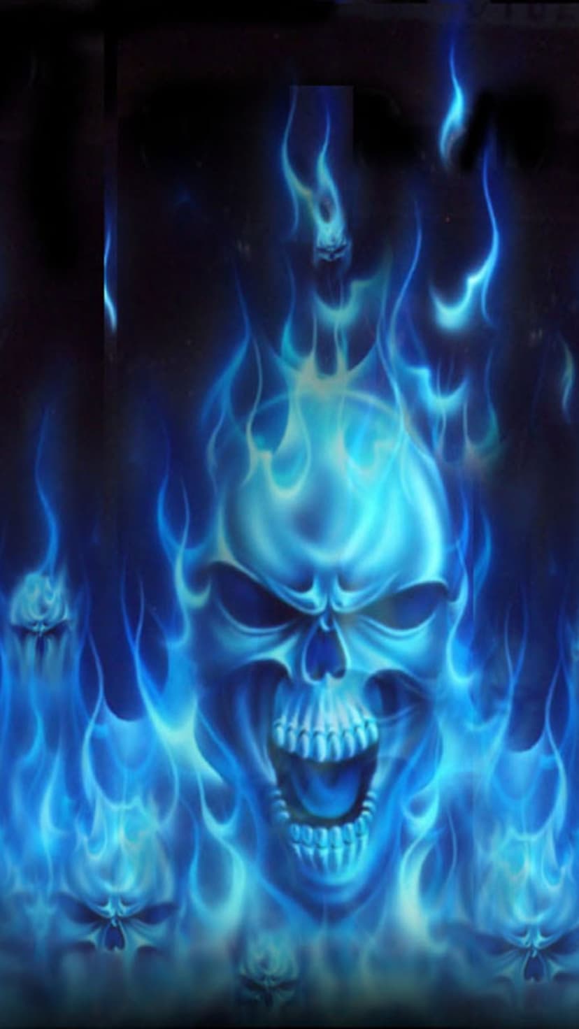 Human skull engulfed in vibrant blue flames and swirling ethereal energy against a dark, shadowy background.