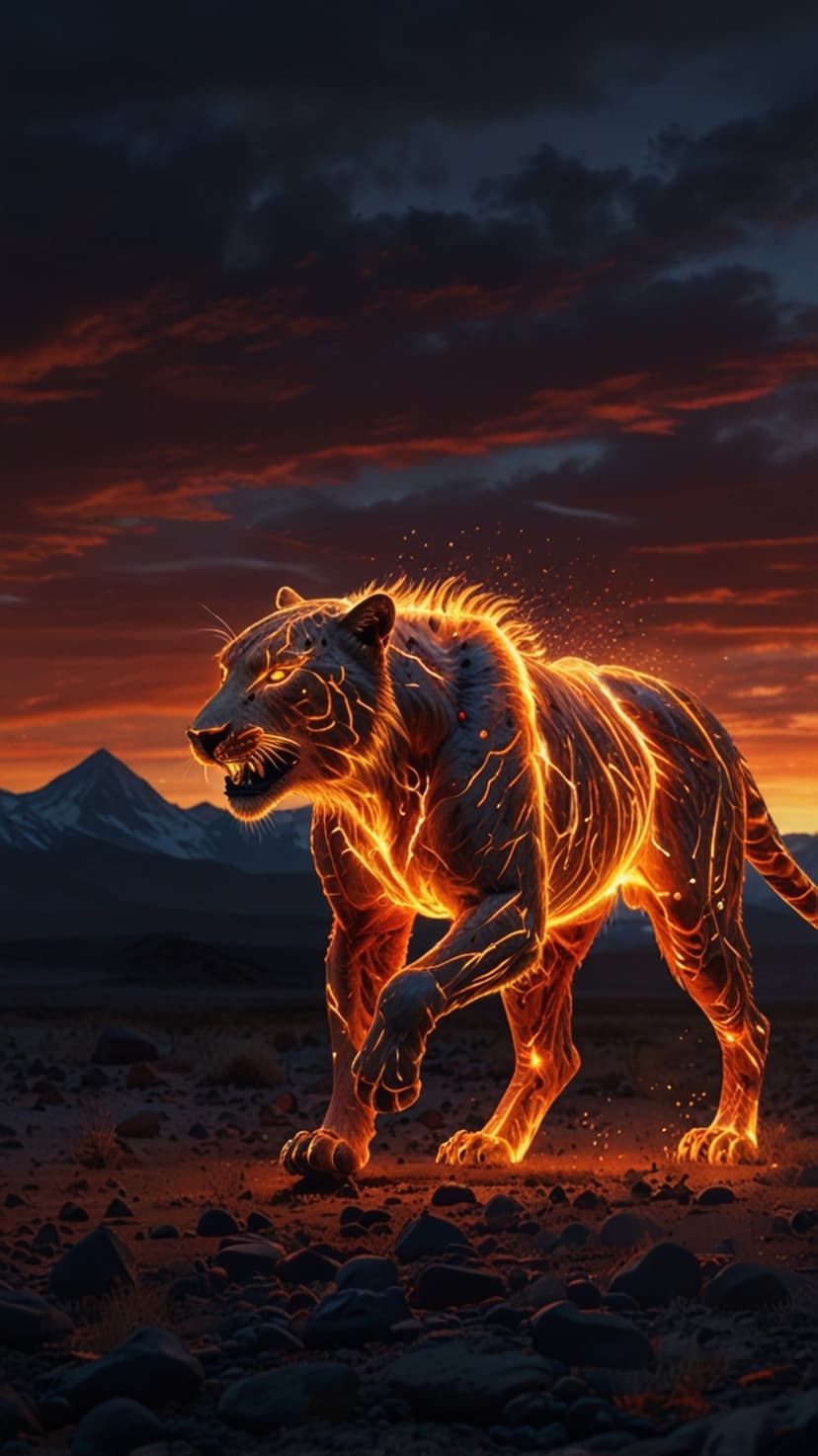A glowing tiger with fiery orange fur walks through a desert at sunset with dark blue and red mountain peaks.