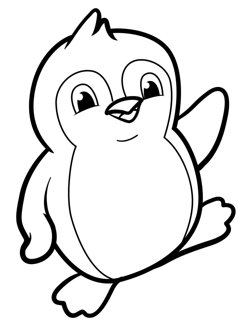 Penguin line art illustration features a small bird waving its flipper with large eyes and a happy expression.