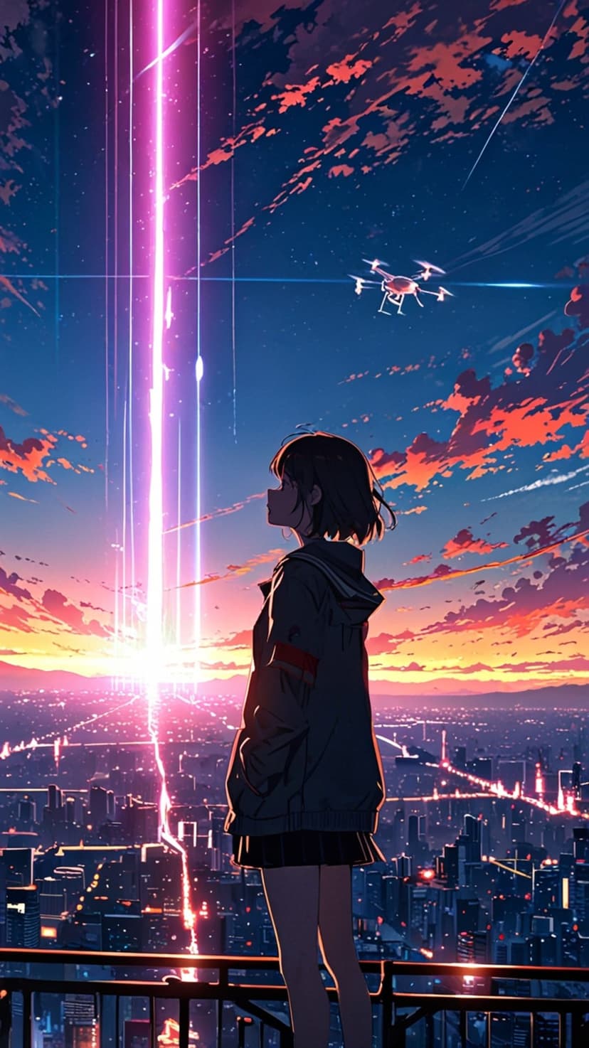 Anime girl on a balcony overlooks a purple city skyline as a pink light beam shoots into orange sunset clouds.