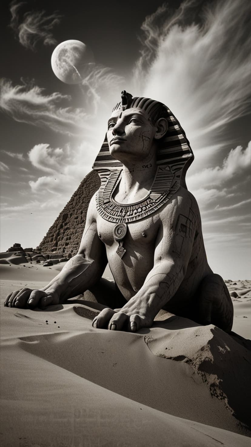 Great Sphinx statue and Giza pyramid under a large moon and cloudy night sky in a vertical desert landscape.