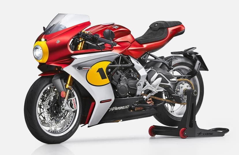 MV Agusta Superveloce Ago motorcycle in red and silver on a racing stand against a clean white background.