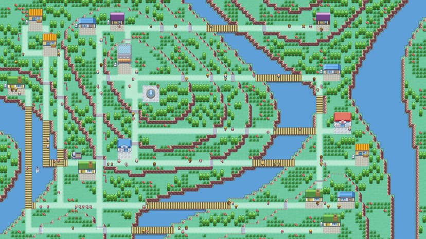 A top-down pixel art map of a green forest town with wooden bridges, blue water, and small houses.
