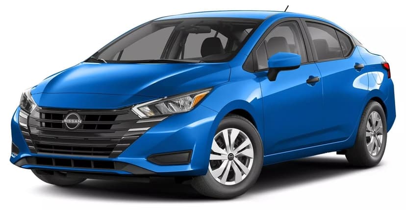 Vibrant blue Nissan Versa sedan shown in a three-quarter front view against a clean white studio background.