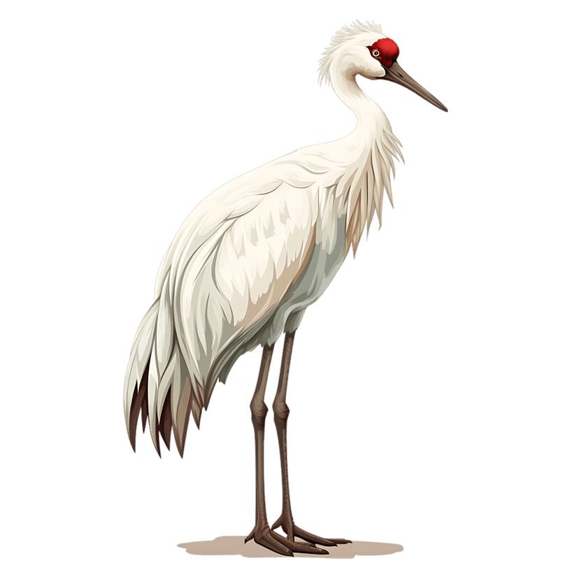 Whooping crane with white feathers and a red crown stands on long legs against a dark background.