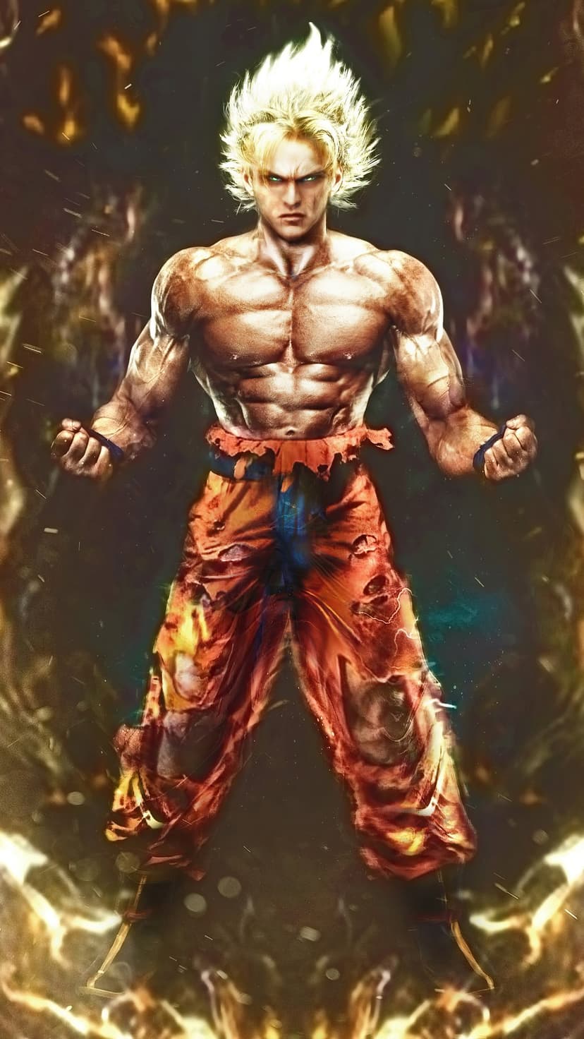 Goku stands with defined muscles and a glowing gold aura wearing a shredded orange martial arts gi in battle.