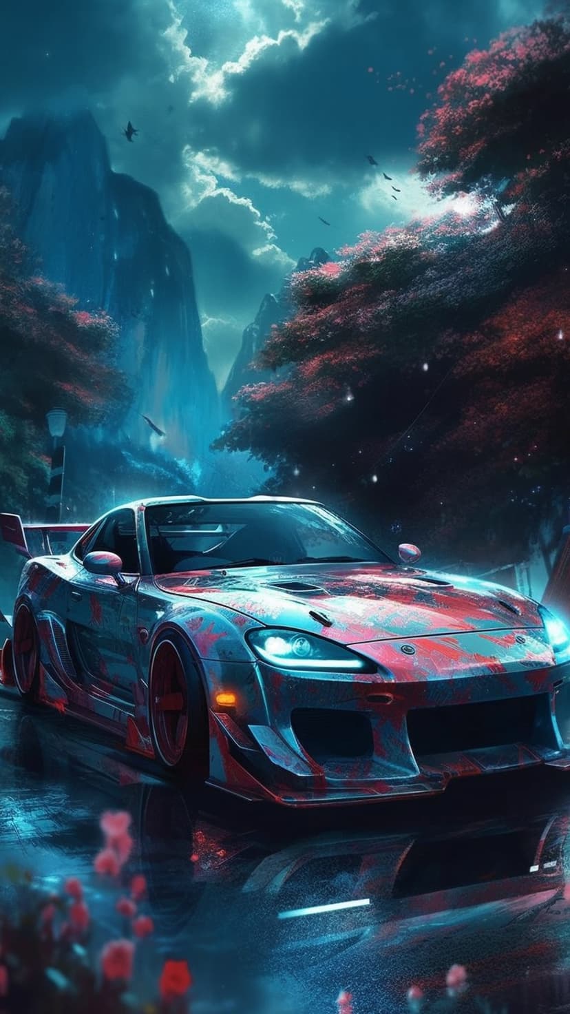 Sleek sports car on a damp mountain road under a cloudy sky with colorful trees reflecting on the wet pavement.