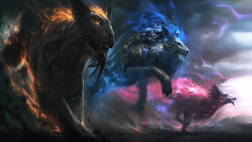 Three mystical beasts made of fire, ice, and pink light stand amidst swirling smoke and glowing embers.