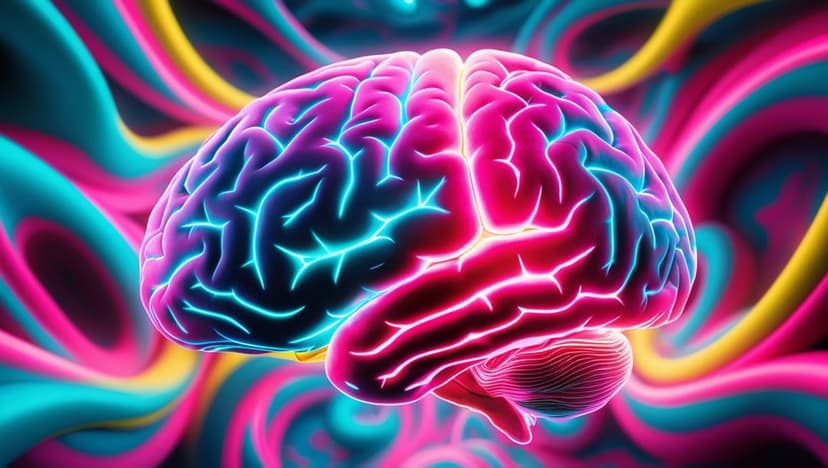 Human brain glowing with pink and cyan neon lights amidst swirling blue and yellow psychedelic smoke patterns.