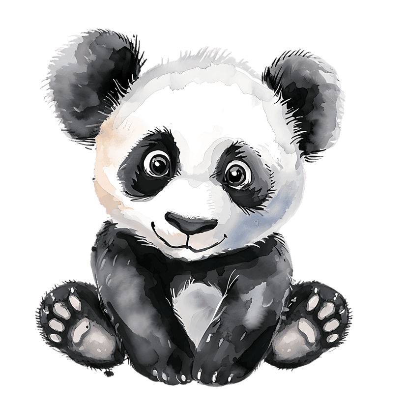 Baby panda watercolor illustration sitting in a frontal pose against a dark background with soft fur textures.