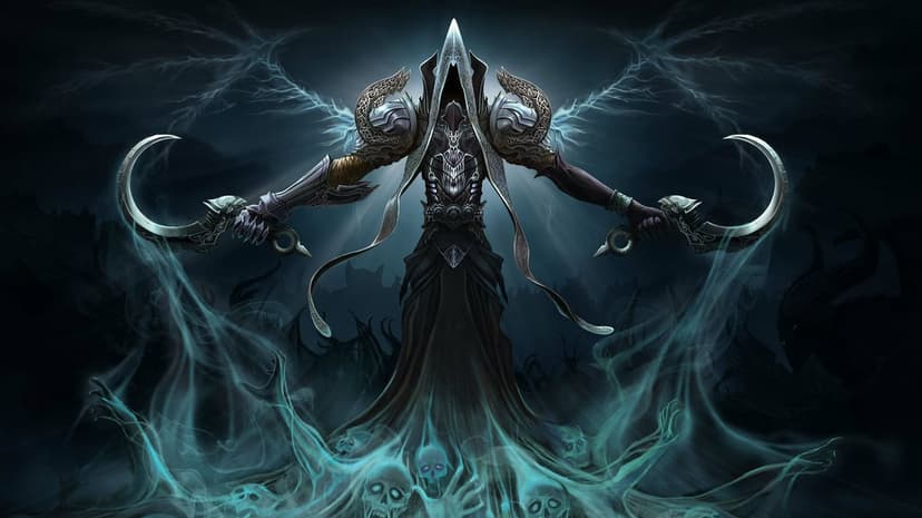 Hooded angel of death in silver armor wielding dual scythes over a pool of blue spirits and skulls.